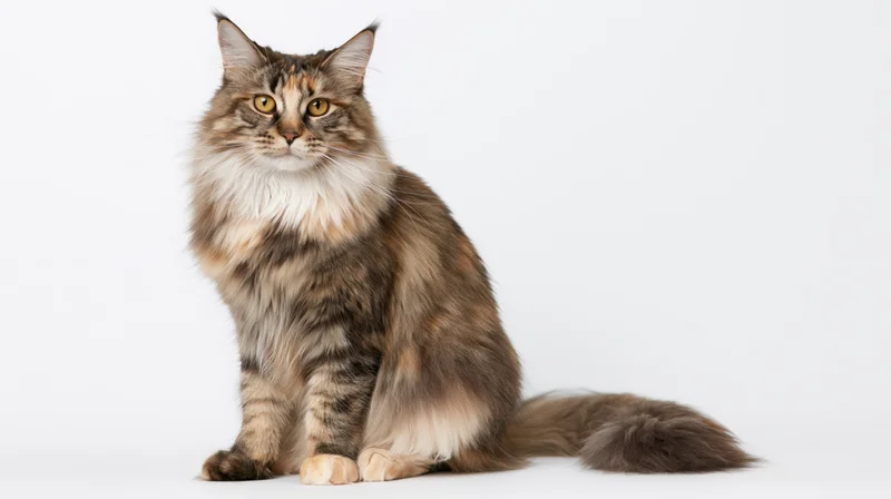 Maine coon cat sitting upright and alert facing forward on white background