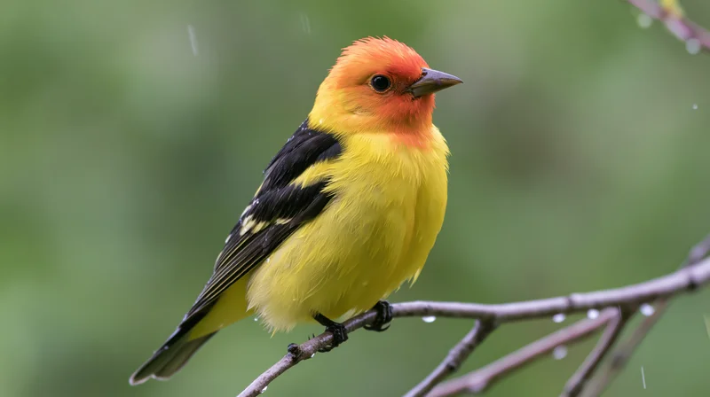 Male western tanager perched on a thin twig in light rain with water droplets on feathers and branch