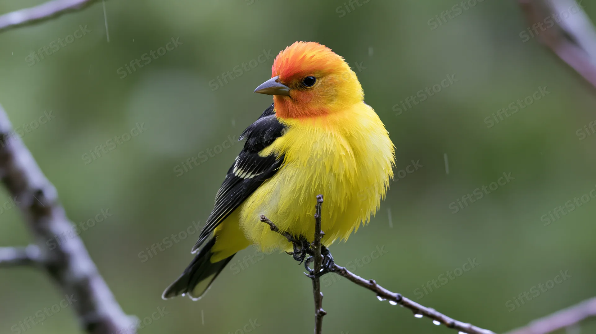 Male western tanager perched on a thin twig in light rain
