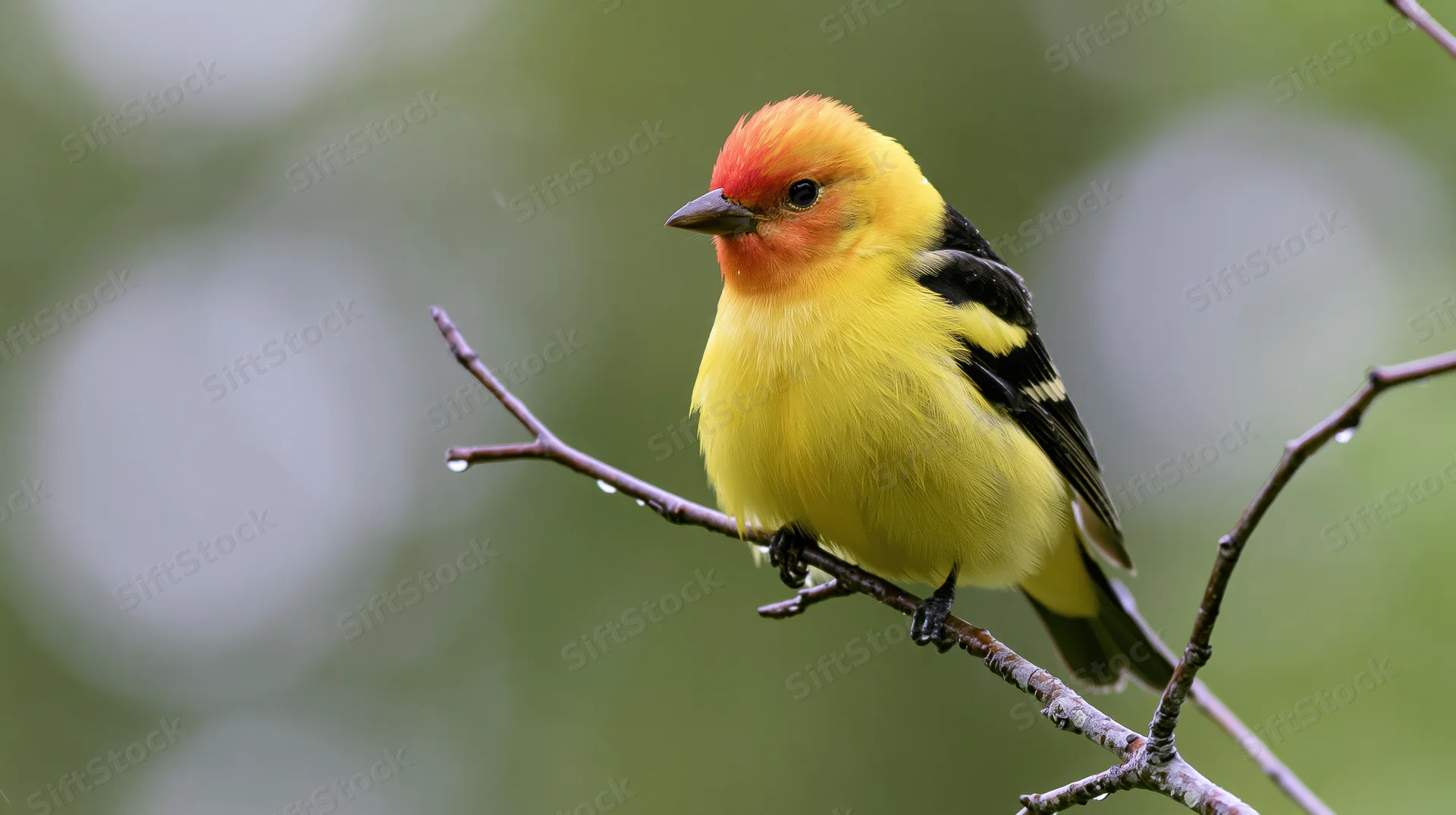 Male western tanager perched on a thin twig with rain droplets in a green forest setting