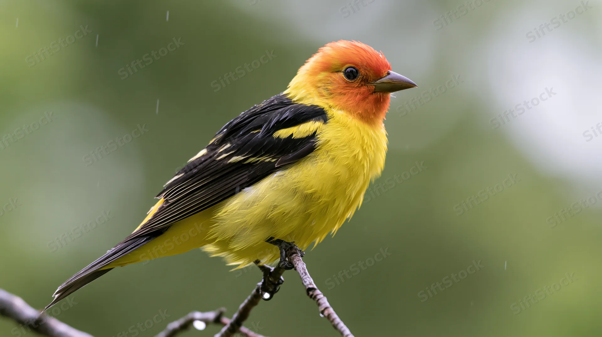 Male western tanager perched on thin twig in light rain with blurred green background