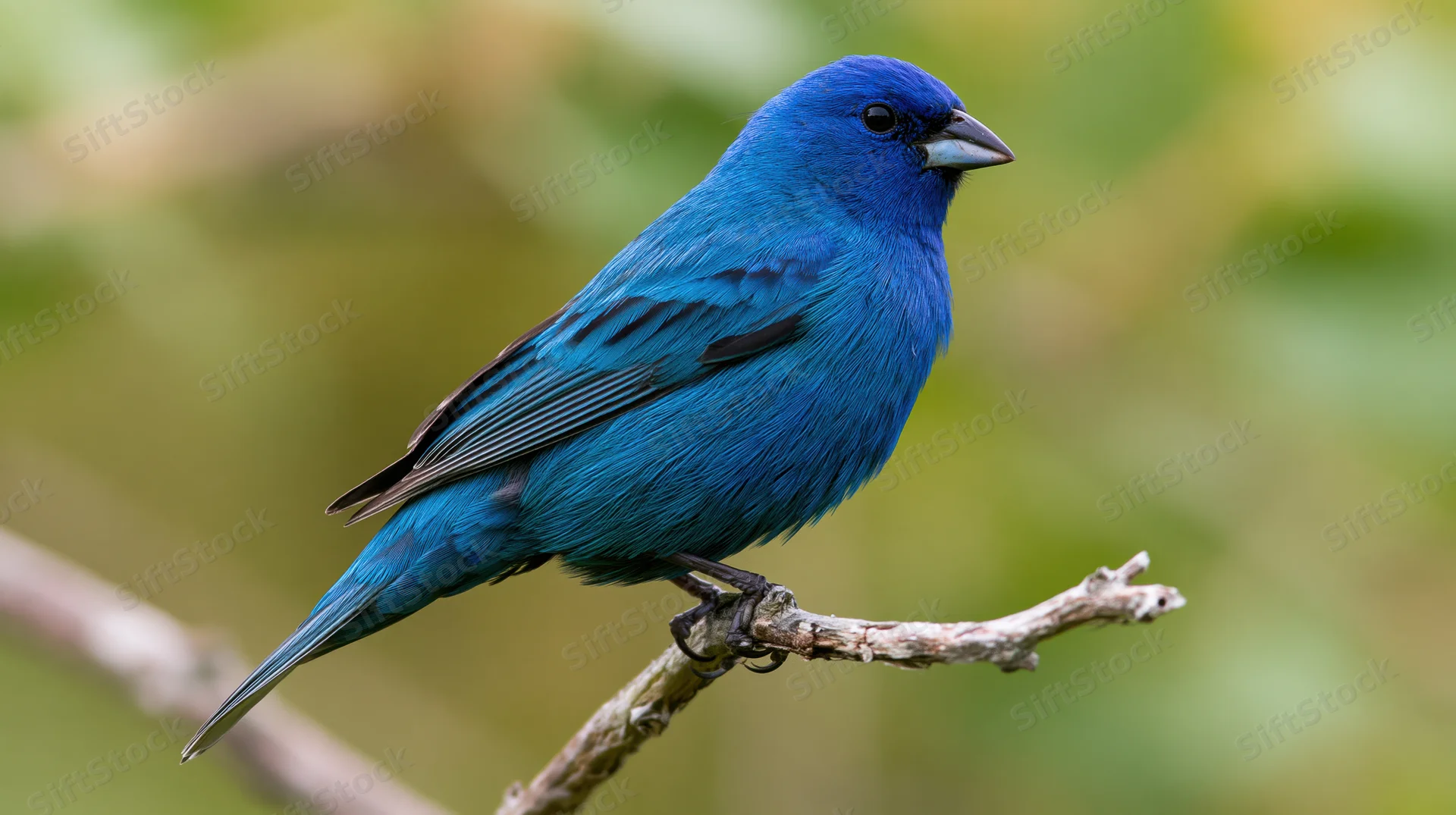 Male indigo bunting perched still on a weathered bare twig in a green woodland setting