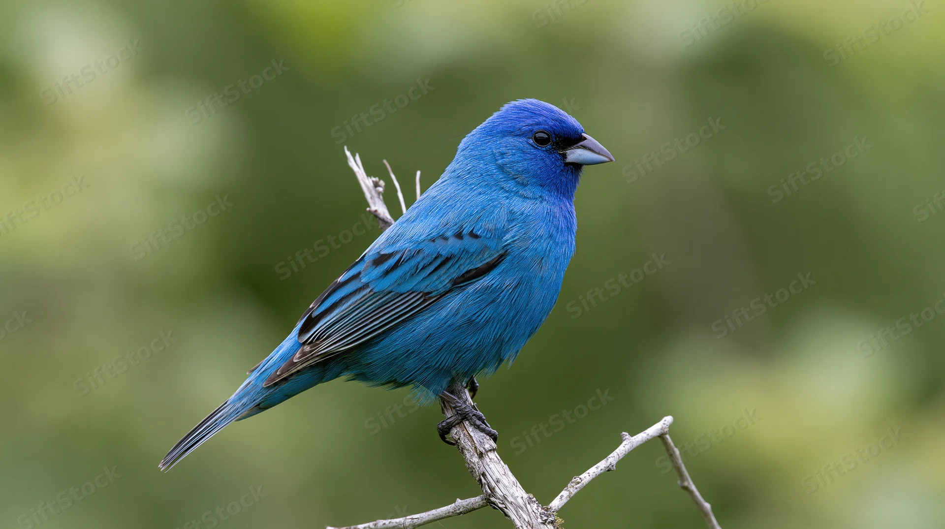 Male indigo bunting perched still on a weathered bare twig in a green forest setting