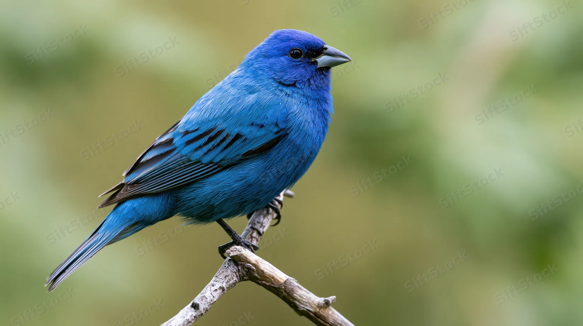 Male indigo bunting perched still on a weathered bare twig in a green forest setting