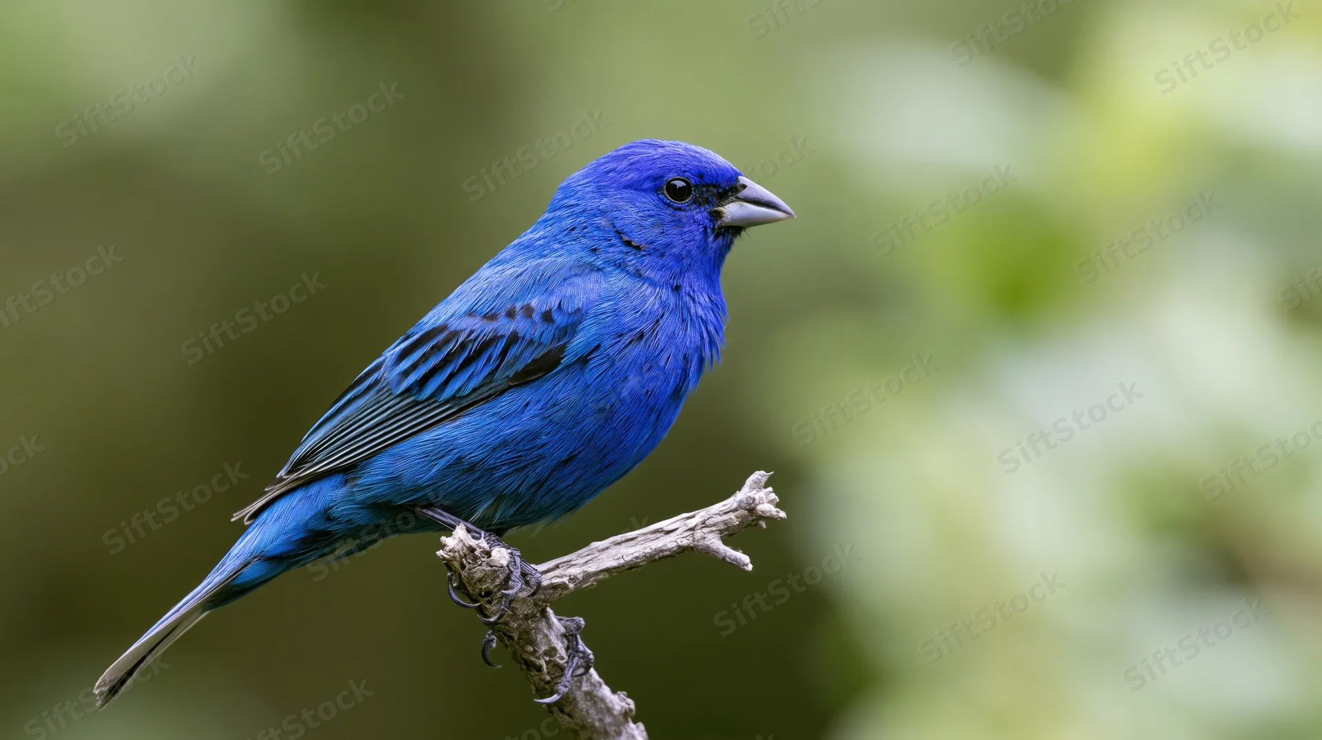 Male indigo bunting perched still on a weathered bare twig in a green forest setting