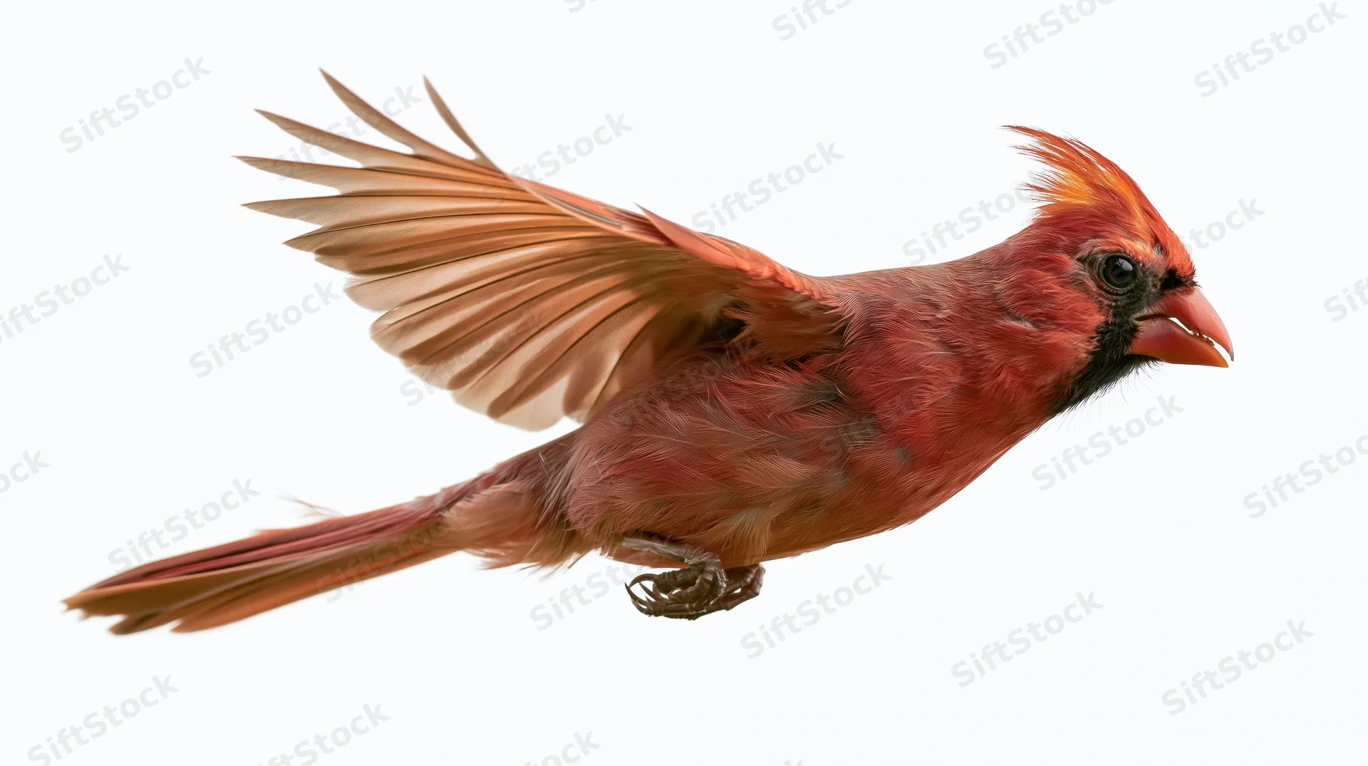 Male northern cardinal in mid-flight with wings fully spread against white background