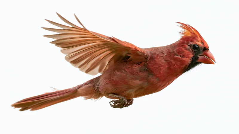 Male northern cardinal mid-flight with wings fully spread