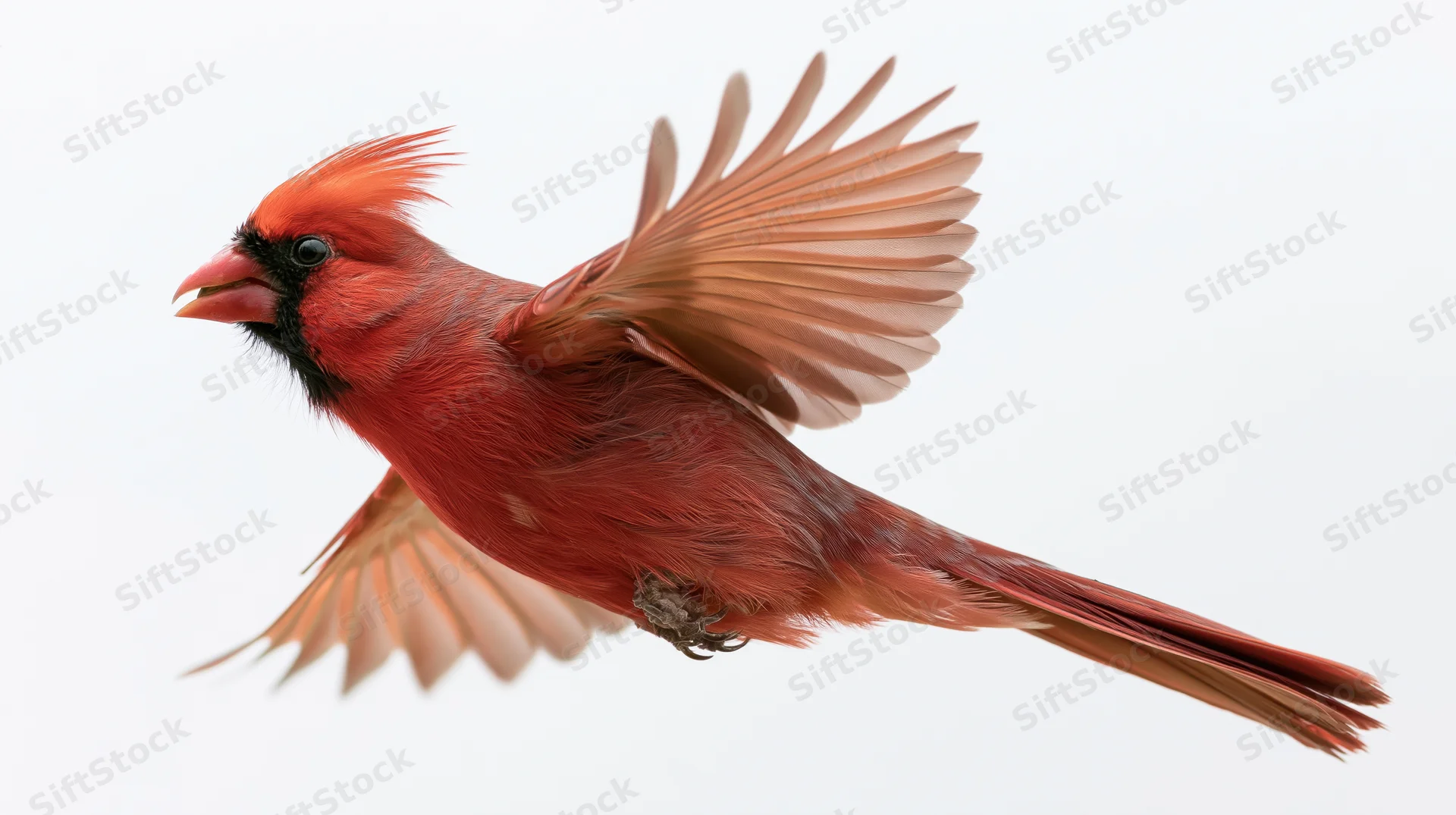 Male northern cardinal in mid-flight with wings fully spread against white background