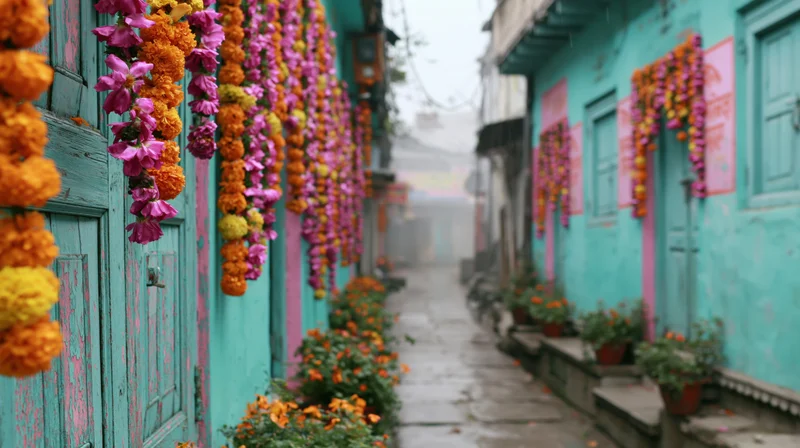 Narrow alley decorated with marigold and pink flower garlands hanging from turquoise doors and walls, lined with potted plants on stone steps, wet stone pathway receding into mist