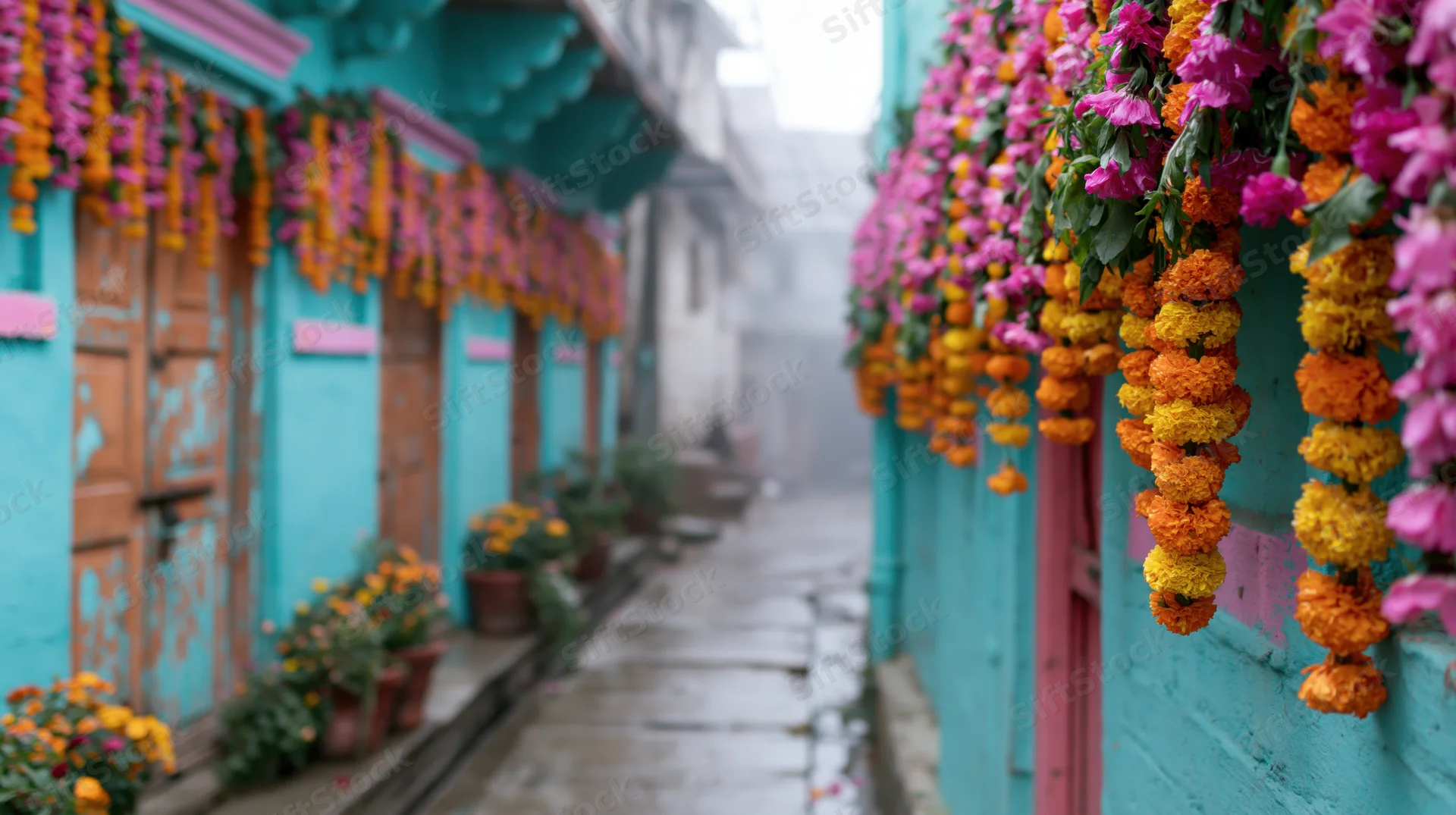 Marigold and pink flower garlands hanging densely from bright turquoise walls along a narrow alley with potted plants and wet stone pavement