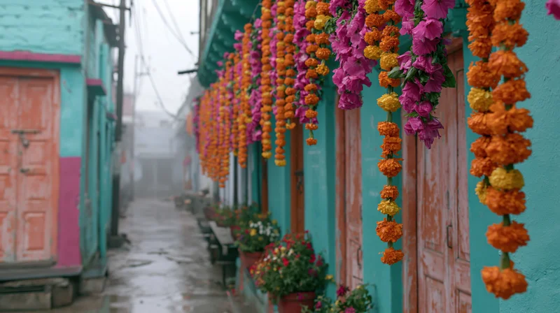 Marigold and pink flower garlands hanging from bright walls