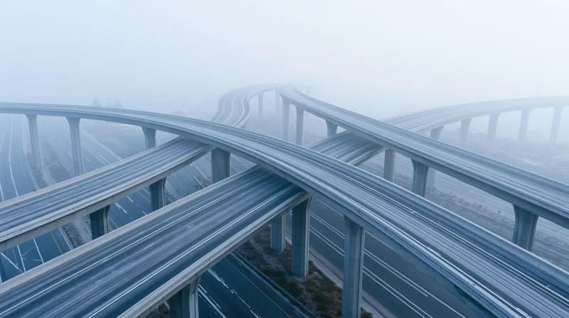 Multi-level highway interchange with stacked overpasses in foggy urban landscape