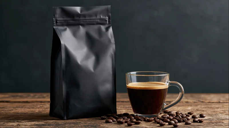 Matte black coffee bag beside a glass mug of coffee on a wooden table with scattered beans