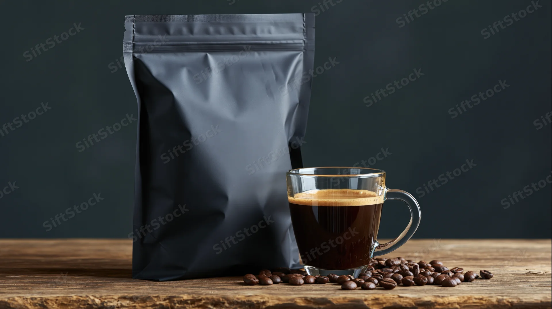 Matte black coffee bag beside a clear glass mug filled with coffee on a wooden table with scattered beans