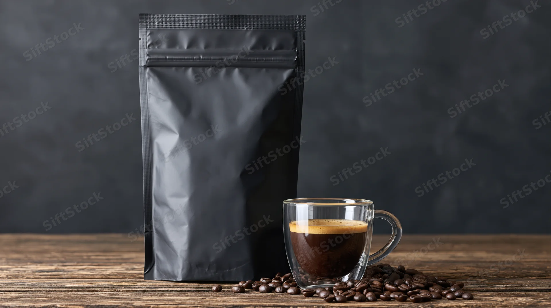 Matte black coffee bag standing beside a clear glass mug filled with espresso on a wooden table surrounded by coffee beans
