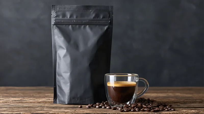 Matte black coffee bag standing beside a clear glass mug filled with espresso on a wooden table surrounded by coffee beans