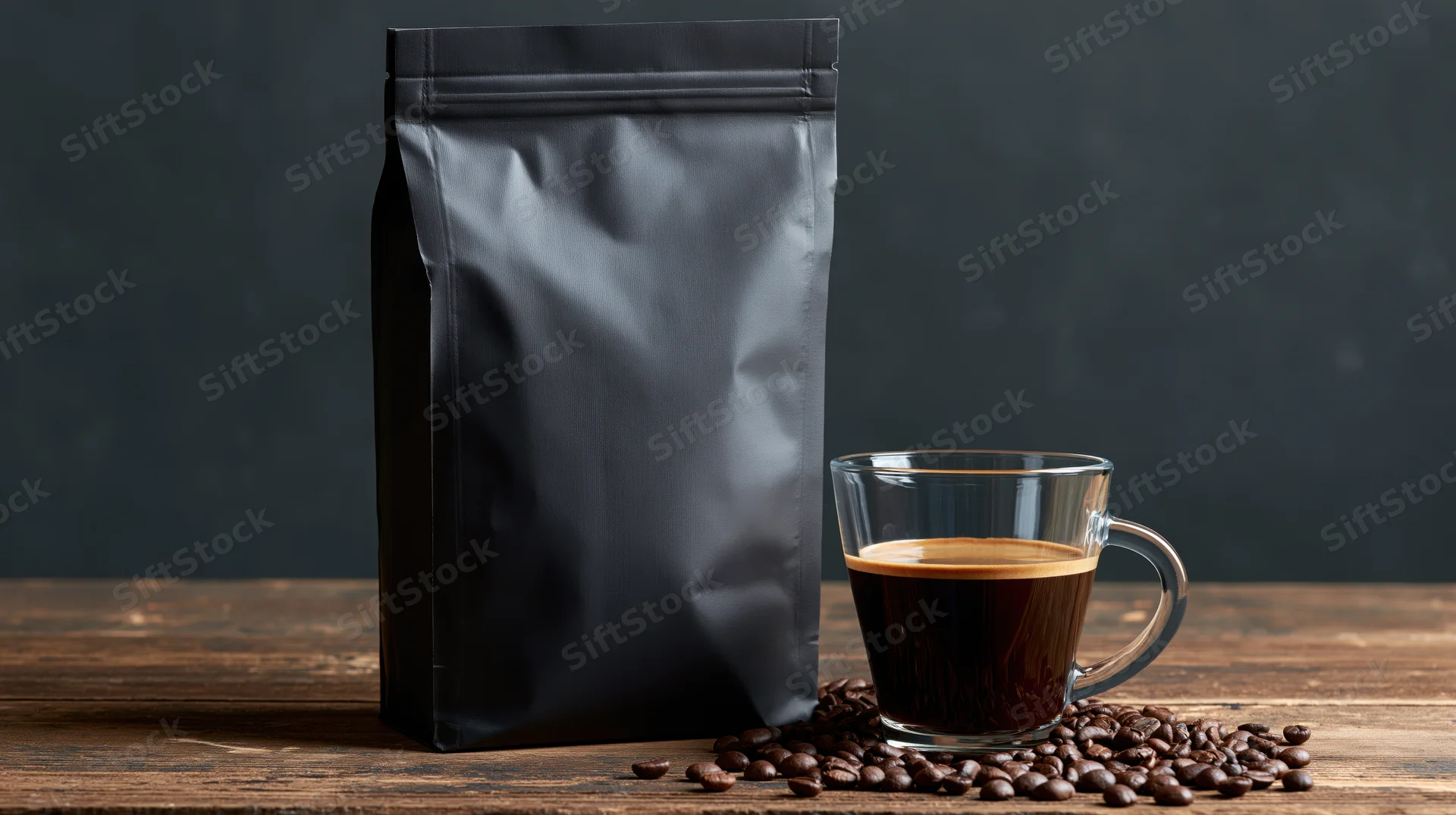 Matte black coffee bag standing beside a glass mug of espresso on a wooden table with scattered beans