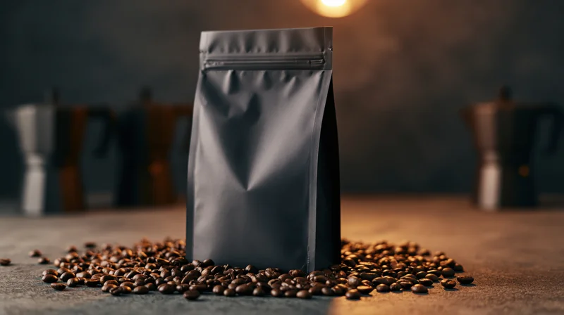 Matte black coffee bag standing upright on dark concrete surface surrounded by scattered coffee beans
