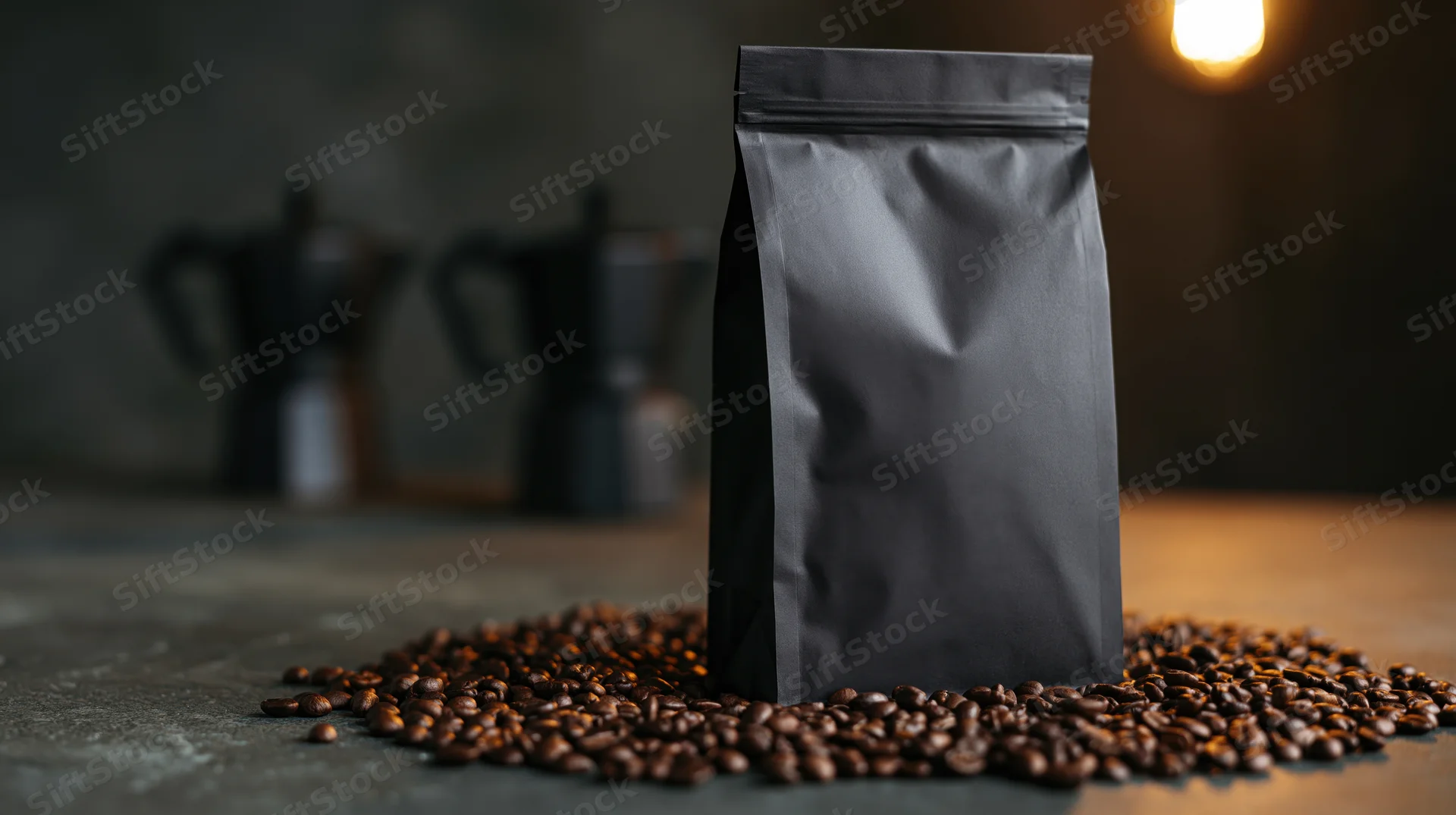 Matte black sealed coffee bag standing upright on dark concrete surface surrounded by roasted coffee beans with moka pots in background