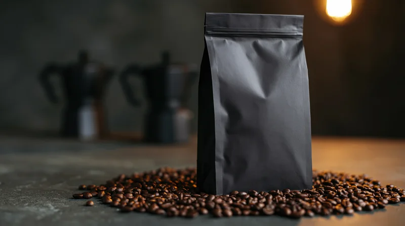Matte black sealed coffee bag standing upright on dark concrete surface surrounded by roasted coffee beans with moka pots in background