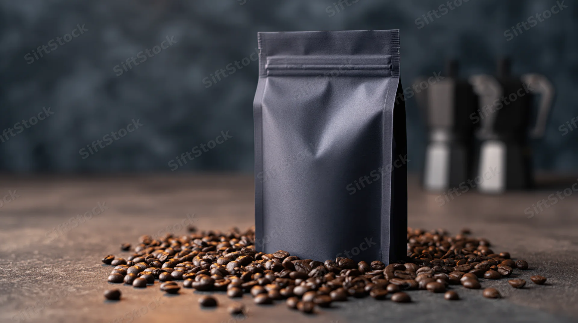 Matte black coffee bag standing upright on dark concrete surface surrounded by scattered coffee beans
