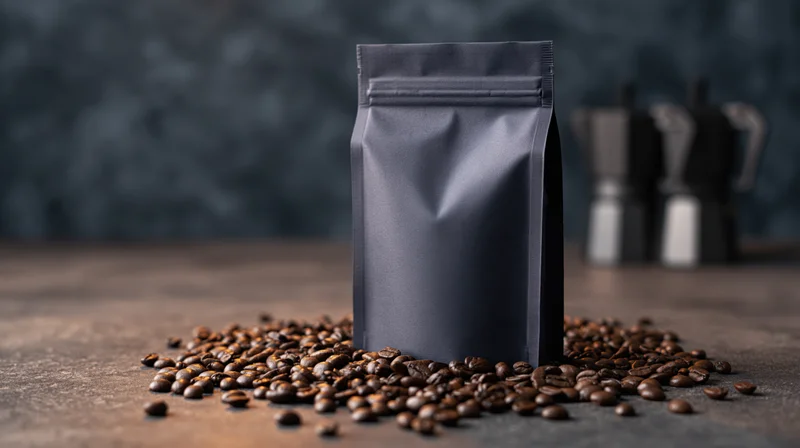 Matte black coffee bag standing upright on dark concrete surface surrounded by scattered coffee beans