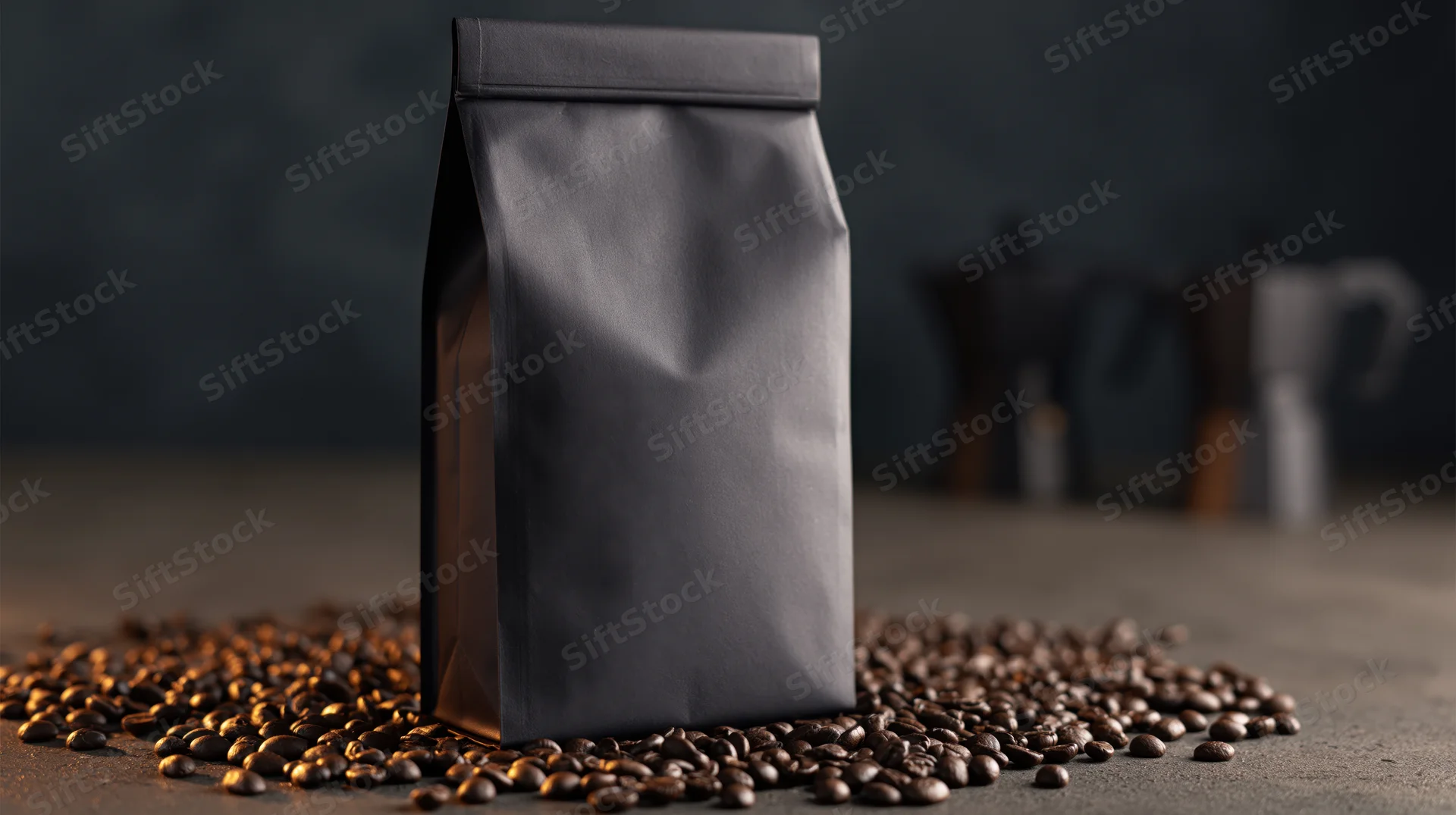 Matte black sealed coffee bag standing upright on dark surface surrounded by coffee beans with blurred coffee pots in background