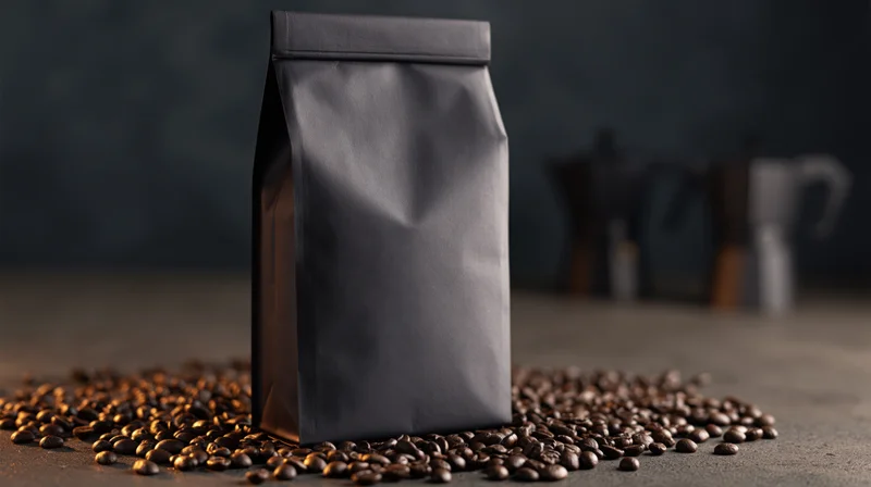 Matte black sealed coffee bag standing upright on dark surface surrounded by coffee beans with blurred coffee pots in background