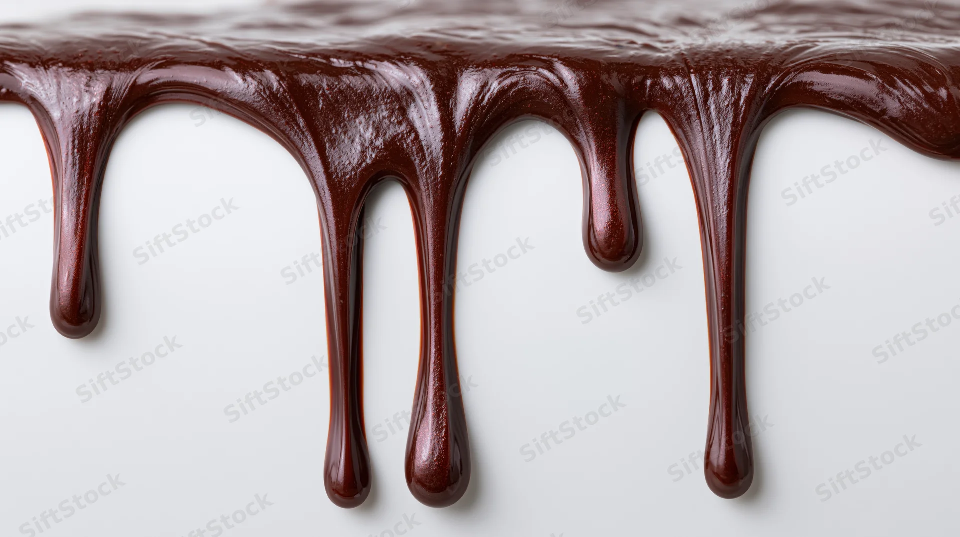 Melted dark chocolate dripping in slow streams over a white surface