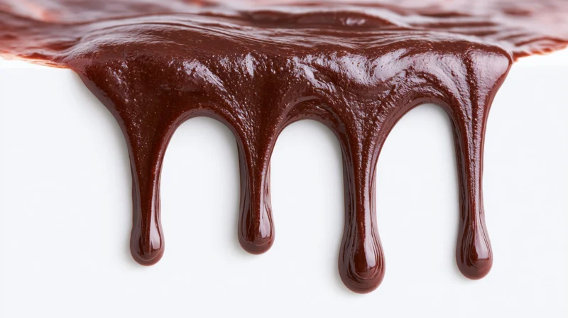 Melted dark chocolate dripping in thick streams over white surface