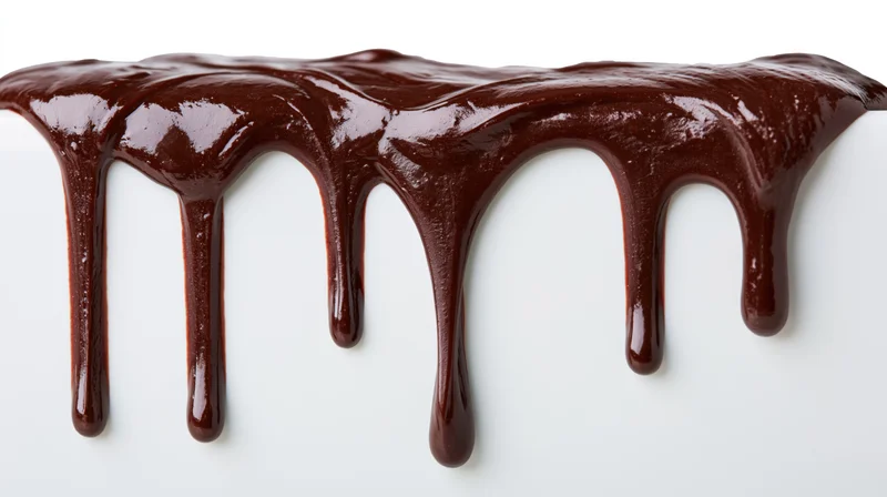 Melted dark chocolate dripping in thick glossy streams over white surface