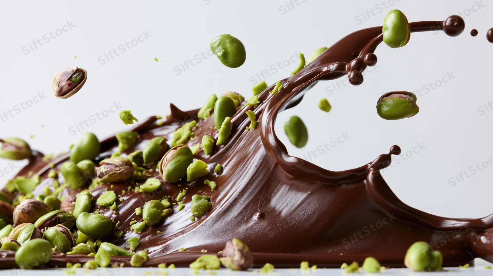 Dark chocolate splashing with pistachios on a white surface