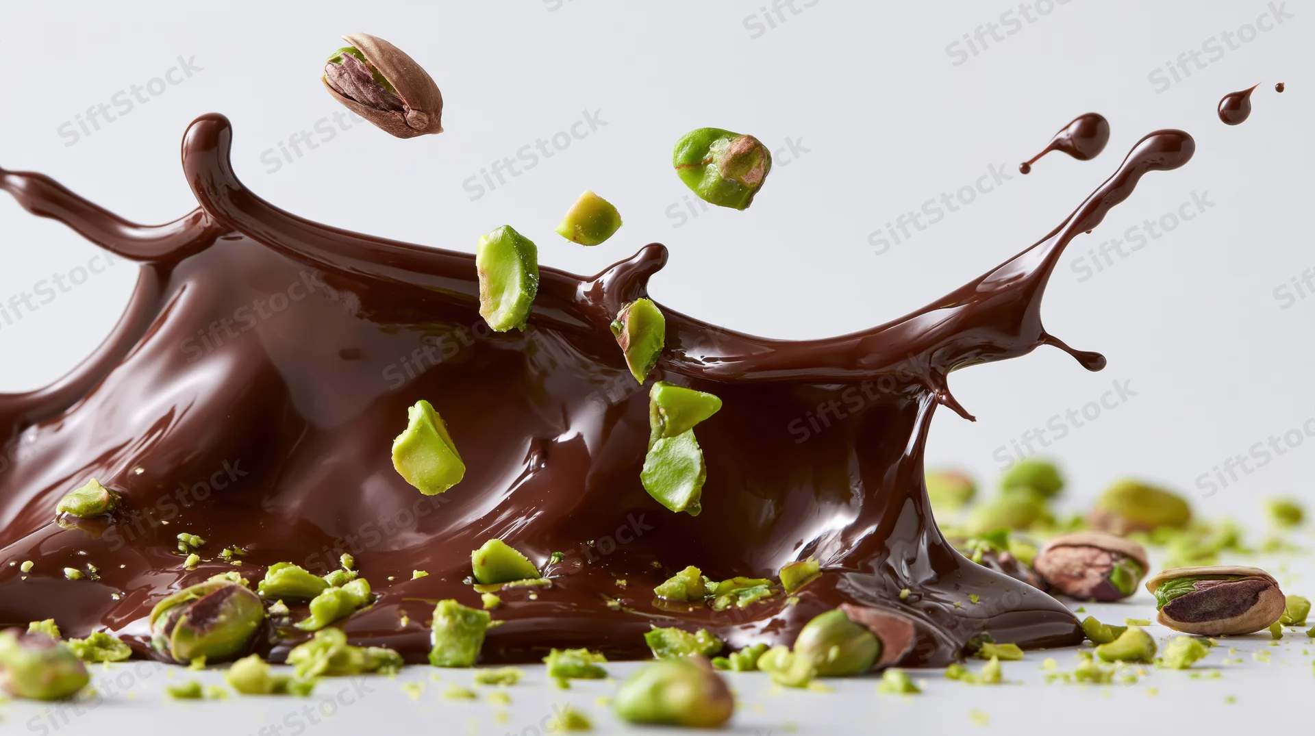 Dark chocolate splashing with pistachio pieces on a white surface