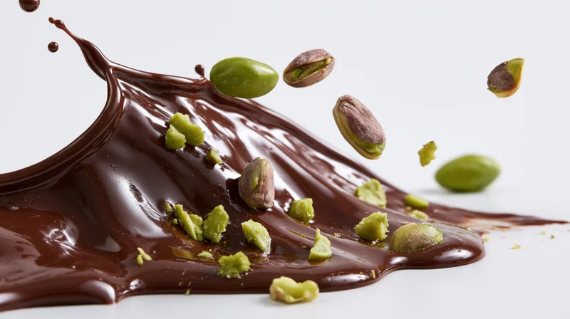 Melted dark chocolate splashing with pistachios falling onto a white surface