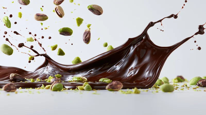 Dark chocolate splashing across a flat surface with pistachios in midair
