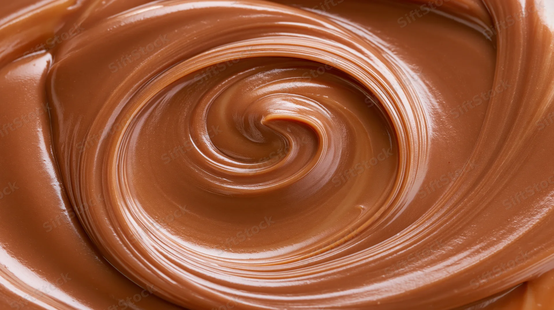 Melted milk chocolate swirled into a spiral pattern filling the frame