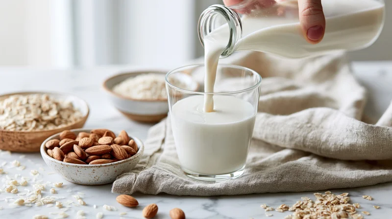 Hand pouring milk from a glass bottle into a clear glass on a marble countertop with bowls of almonds, oats, and rice nearby