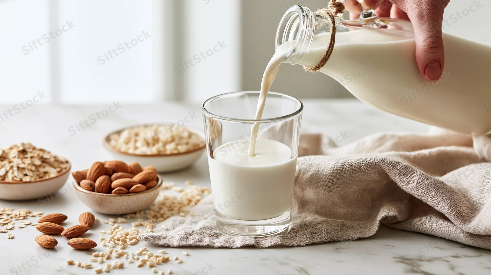 Milk being poured from a glass bottle into a clear drinking glass on a marble countertop with bowls of almonds, oats, and rice nearby