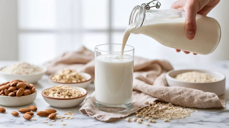 Hand pouring milk from a glass bottle into a clear glass on a marble countertop surrounded by bowls of grains and nuts