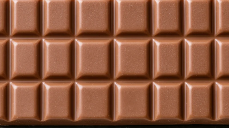 Closeup of milk chocolate bar with segmented grid pattern filling the frame