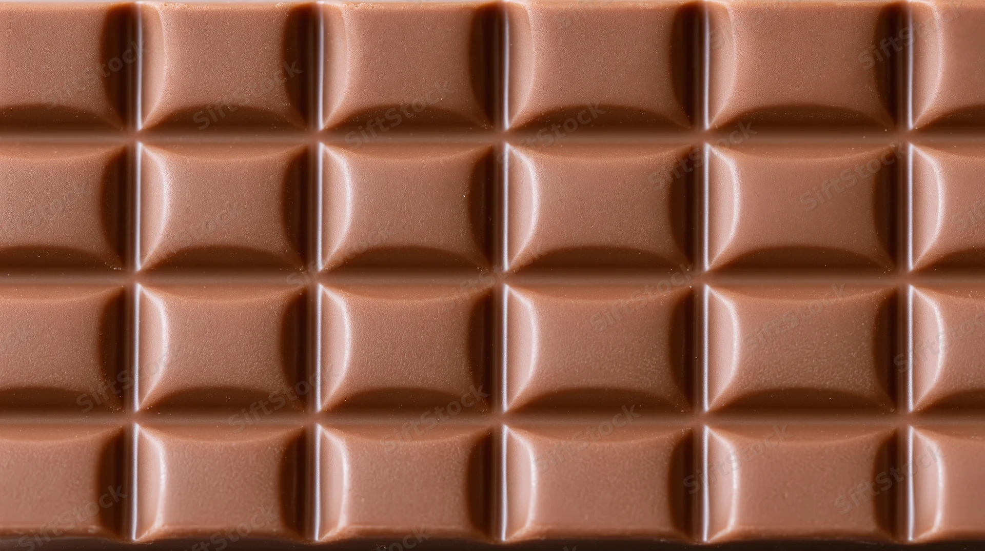 Closeup of milk chocolate bar surface showing grid of embossed squares