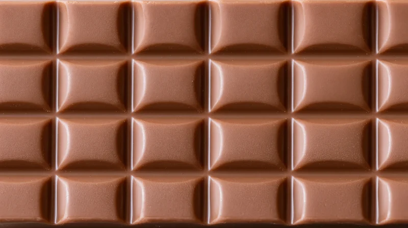 Closeup of milk chocolate bar surface showing grid of embossed squares