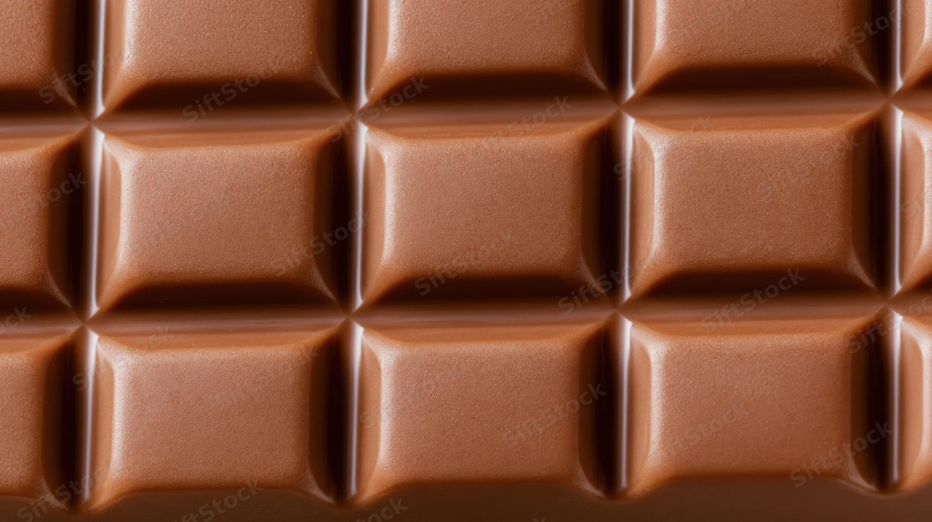 Closeup of milk chocolate bar surface with grid pattern of squares