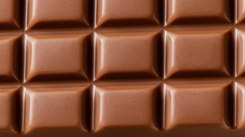 Closeup of milk chocolate bar surface with grid pattern of squares