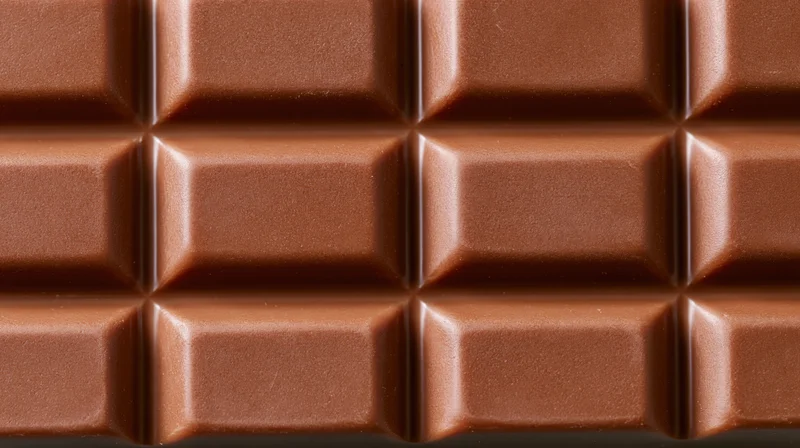 Closeup of milk chocolate bar surface with grid pattern filling frame