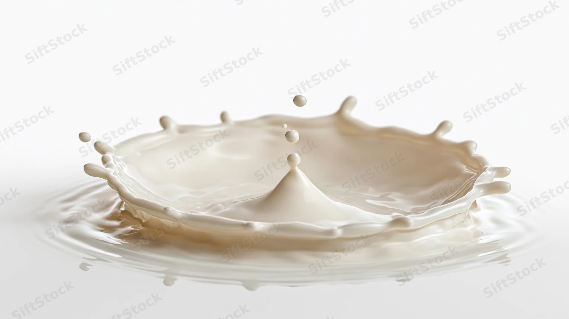 Milk splash forming a crown with suspended droplets on a white background