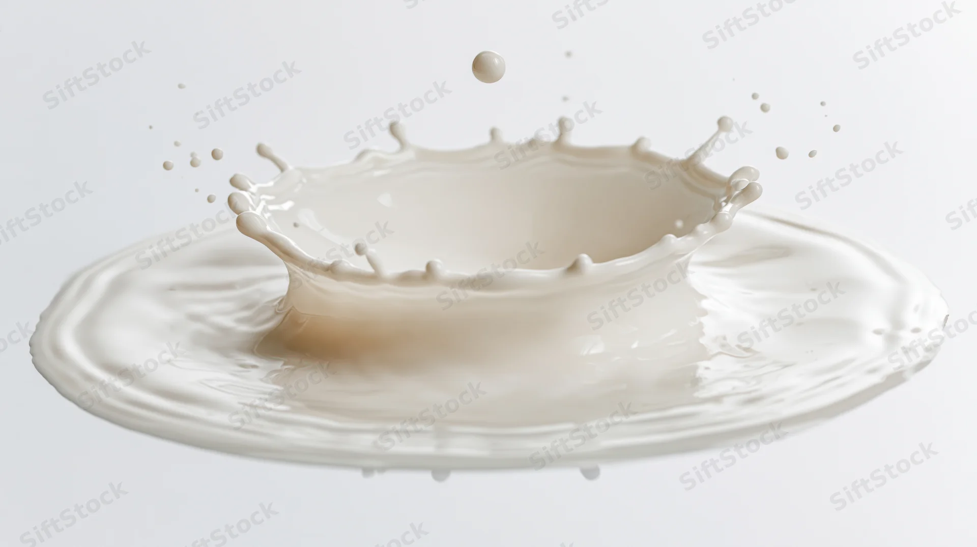 Milk splash forming a crown shape with droplets suspended midair against a white background