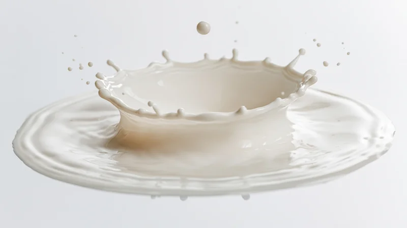 Milk splash forming a crown shape with droplets suspended midair against a white background