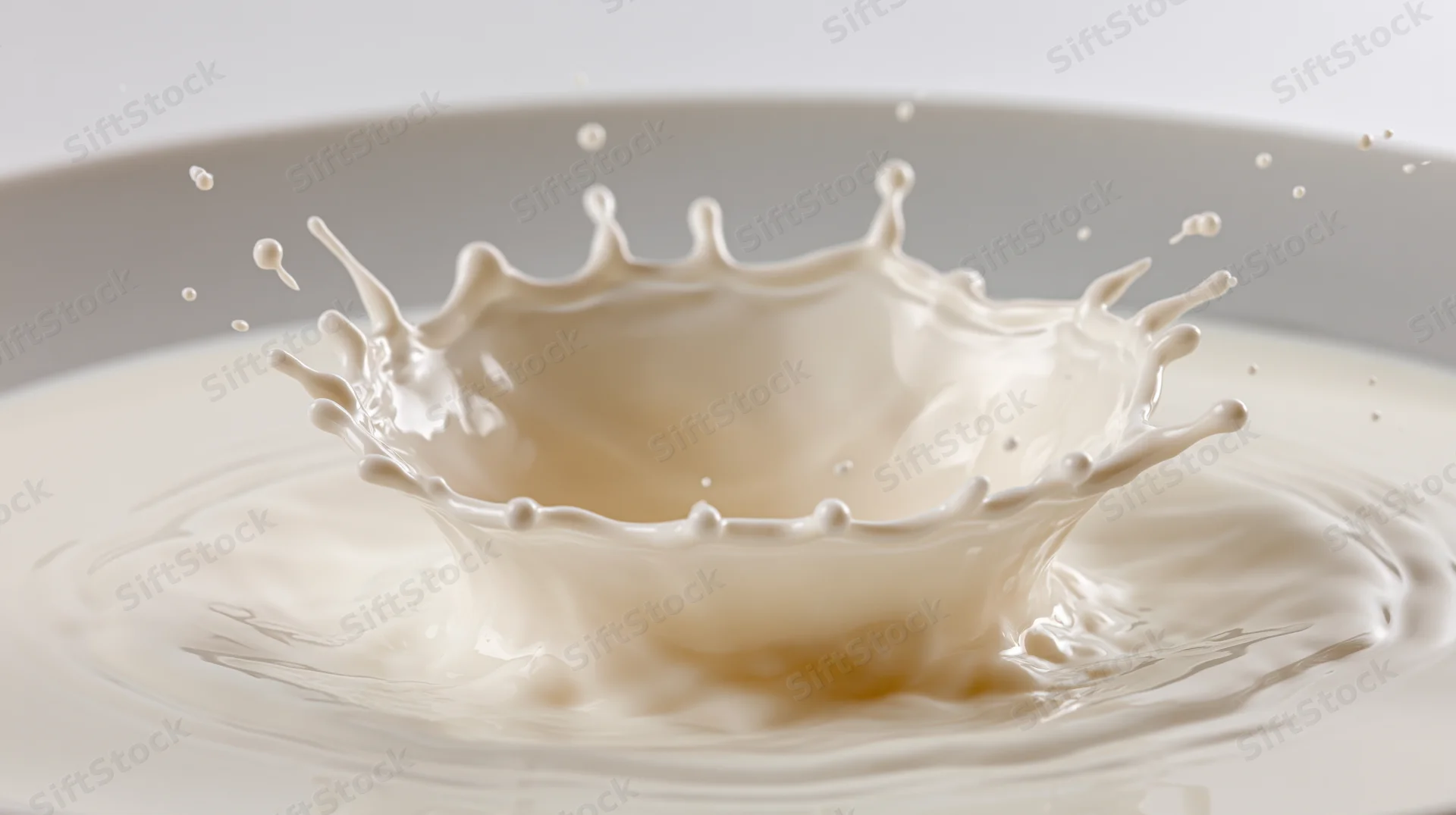 Milk splash forming a crown shape frozen mid-motion in a white bowl