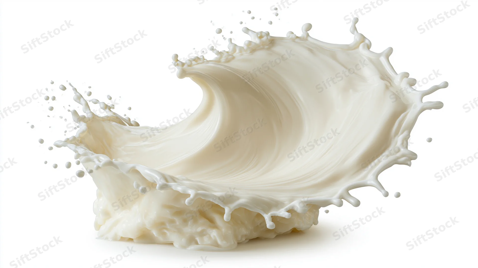 Milk splash frozen midair curling into dynamic wave against white background